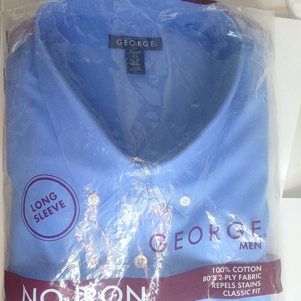 George Mens NO IRON Shirt 2XL Blue Long Sleeve